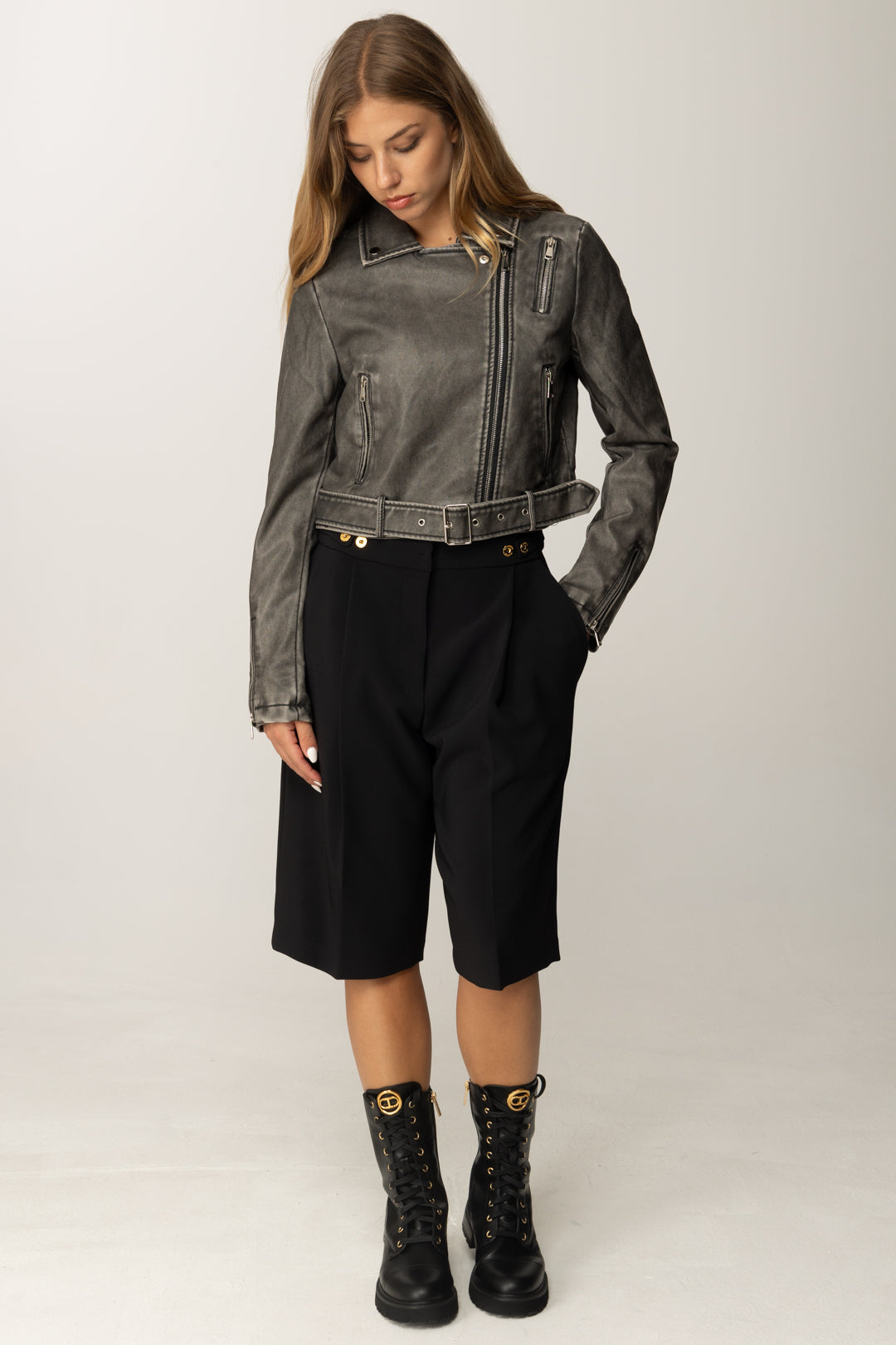 Khloè Femme Giubbino In Ecopelle Crop con Fibbia In Vita FC807 GRIGIO