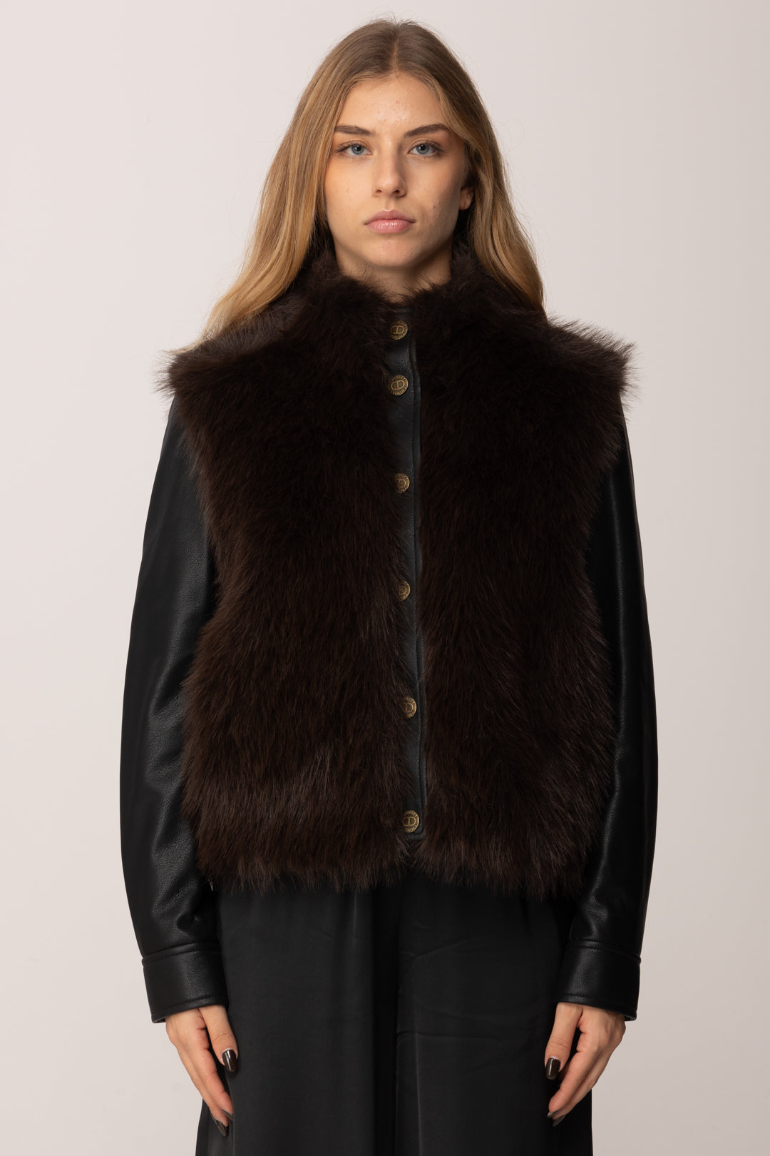 Twin-set Giubbino con Ecopelliccia e Maniche Spalmate 252TP2420 BIC.DEEP TAUPE/NERO