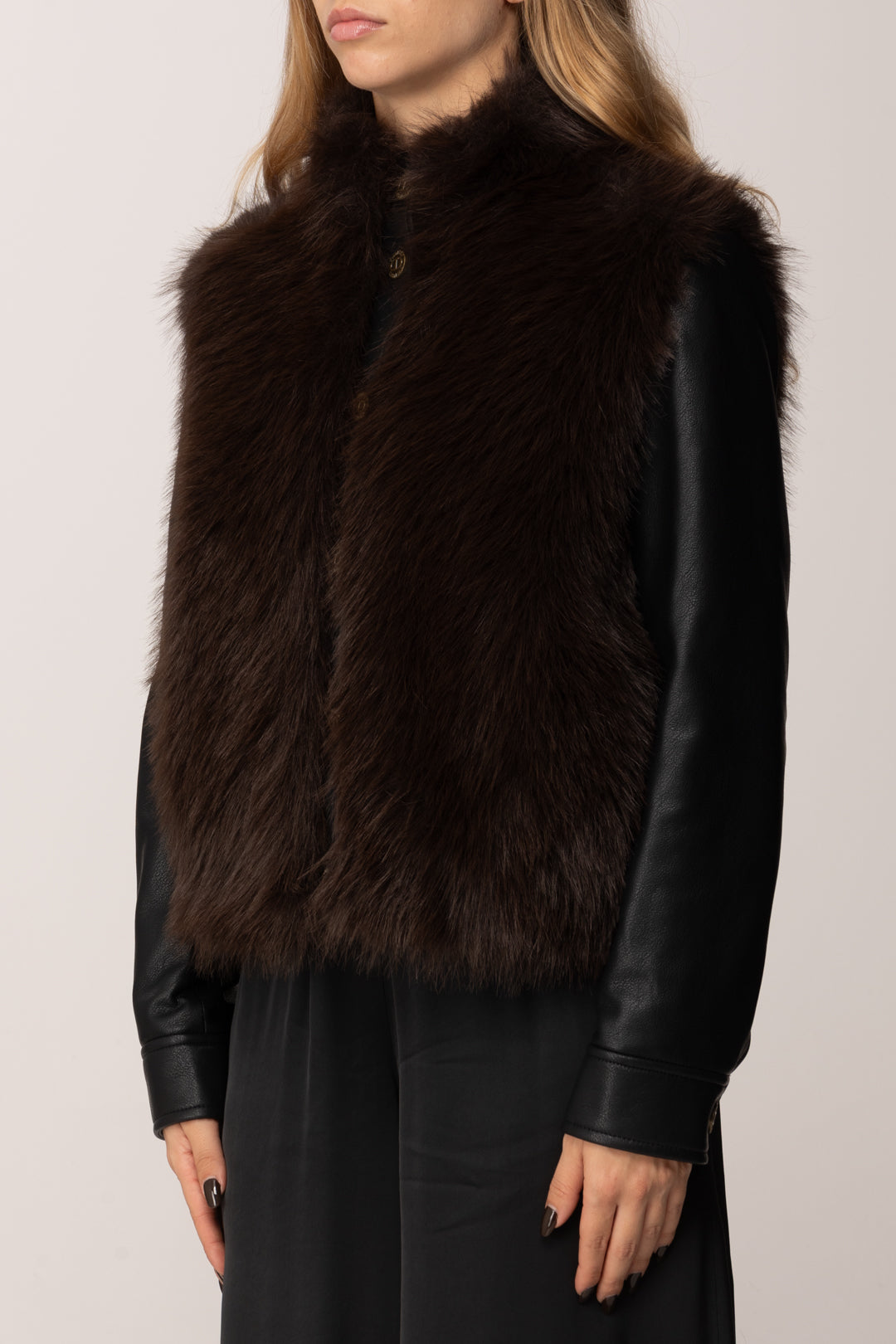 Twin-set Giubbino con Ecopelliccia e Maniche Spalmate 252TP2420 BIC.DEEP TAUPE/NERO