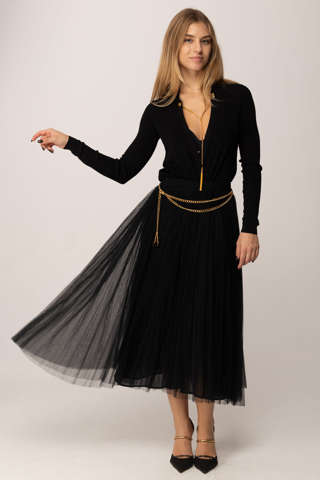 Elisabetta Franchi Gonna In Tulle con Cintura GO15057E2 NERO