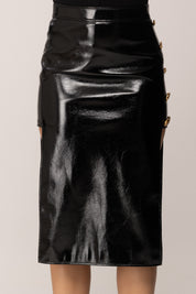 Elisabetta Franchi Gonna In Vinile con Aperture Ai Lati e Bottoni Gold GO12757E2 NERO