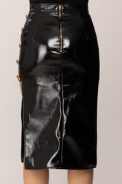 Elisabetta Franchi Gonna In Vinile con Aperture Ai Lati e Bottoni Gold GO12757E2 NERO