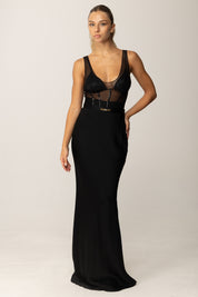 Elisabetta Franchi Gonna Lunga In Satin con Logo In Vita GO11256E2 NERO