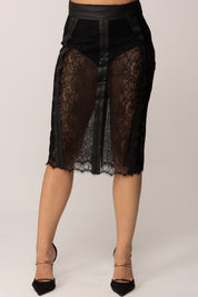 Elisabetta Franchi Gonna Midi In Pizzo Floreale Trasparente GO14457E2 NERO