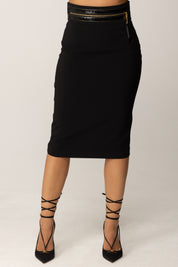 Elisabetta Franchi Gonna Midi a Tubino con Fascia Effetto Craquelé GO13056E2 NERO