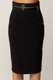 Elisabetta Franchi Gonna Midi a Tubino con Fascia Effetto Craquelé GO13056E2 NERO