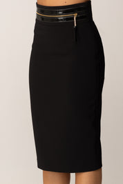 Elisabetta Franchi Gonna Midi a Tubino con Fascia Effetto Craquelé GO13056E2 NERO