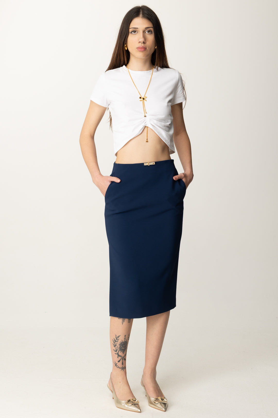 Elisabetta Franchi Gonna a Tubino con Dettaglio Gioiello GO12252E2 OLTREMARE