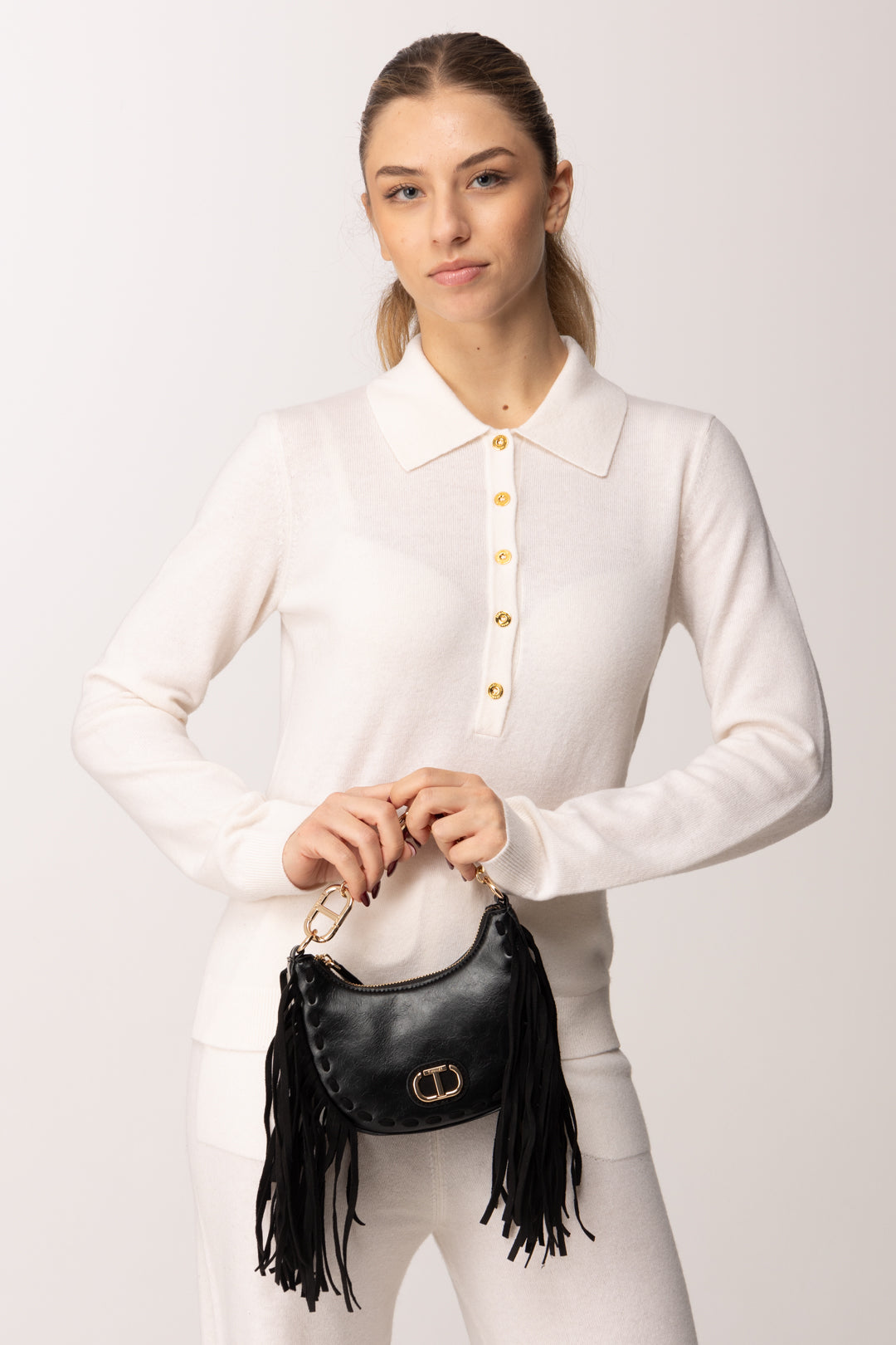 Twin-set Hobo Piccola con Frange e Manico Catena 252TB7123 NERO