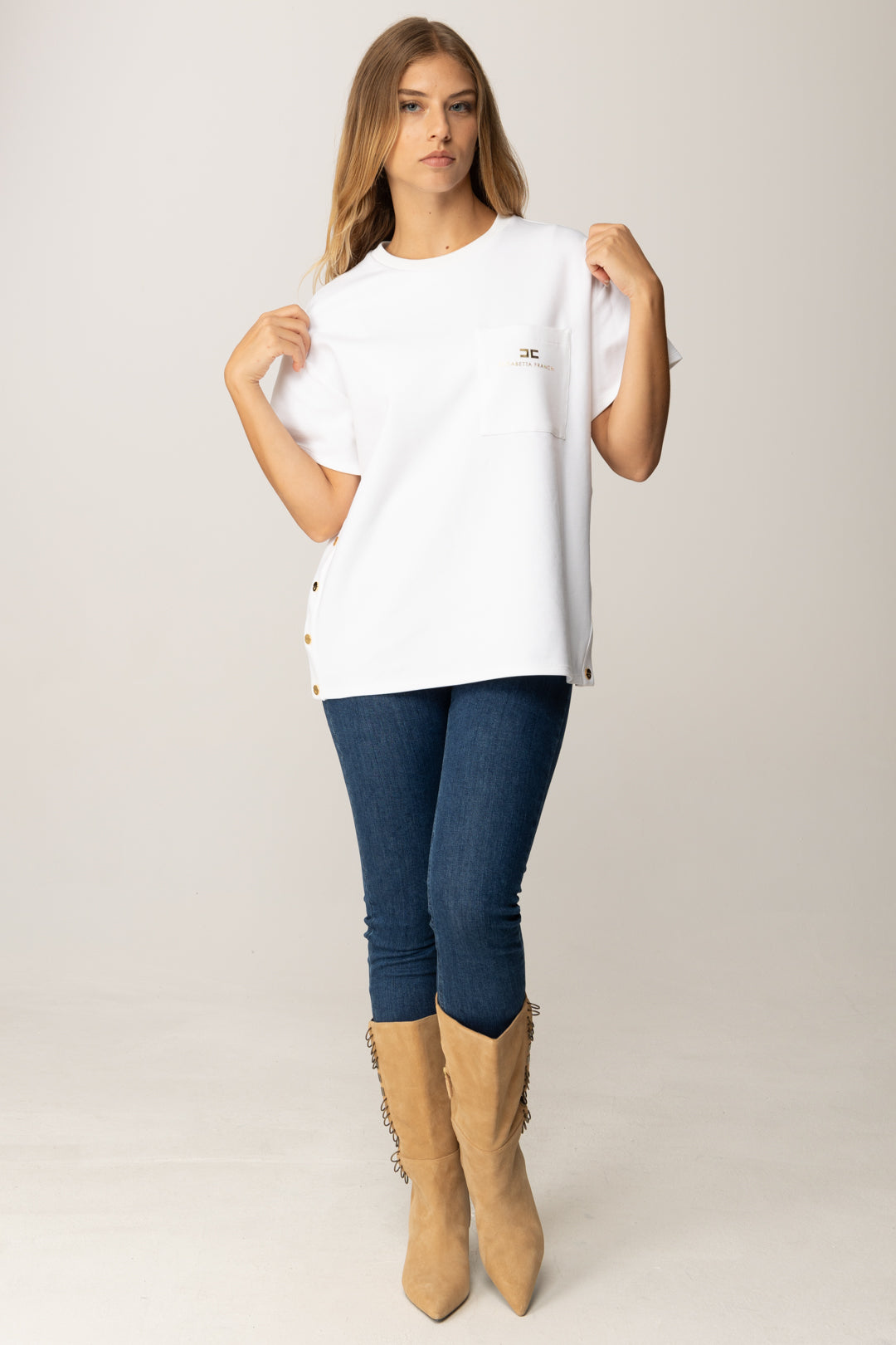 Elisabetta Franchi T-shirt In Jersey Pesante con Taschino MA02756E2 GESSO