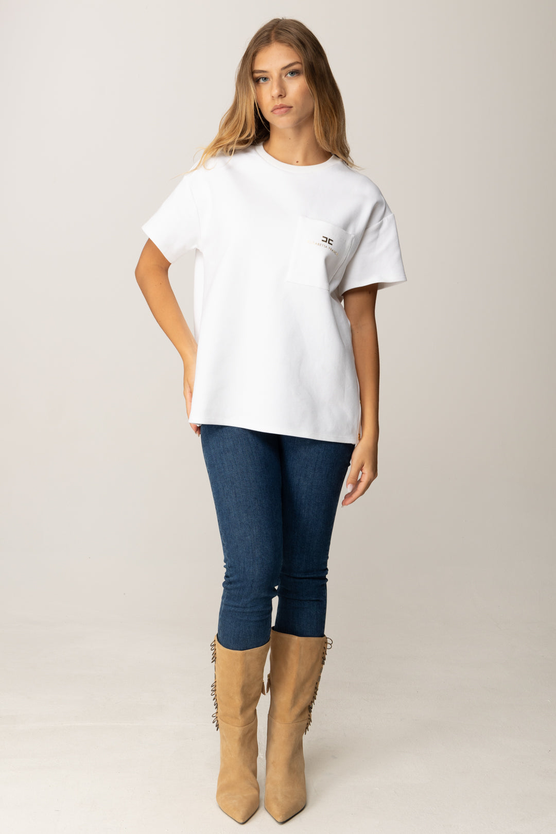 Elisabetta Franchi T-shirt In Jersey Pesante con Taschino MA02756E2 GESSO