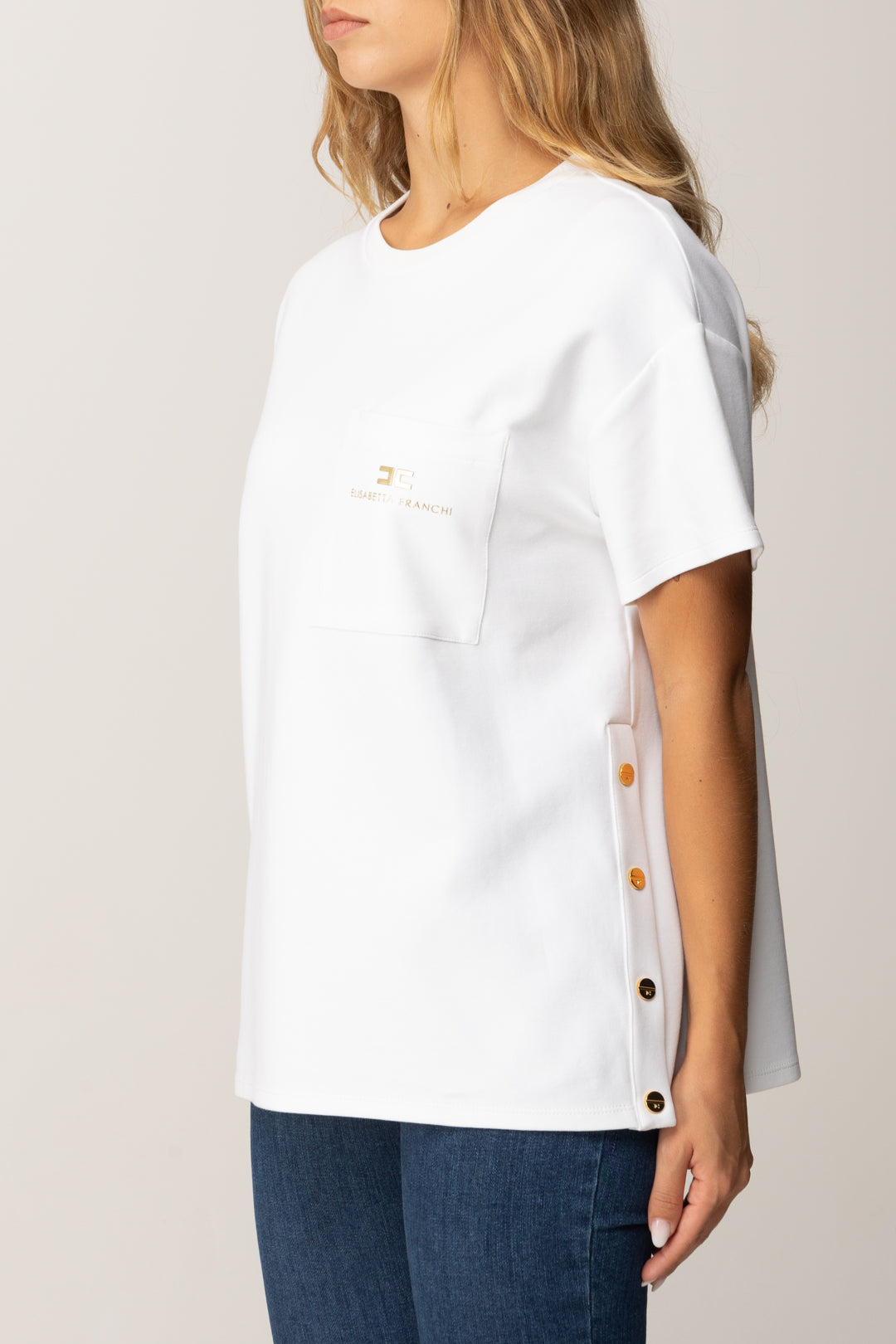 Elisabetta Franchi T-shirt In Jersey Pesante con Taschino MA02756E2 GESSO
