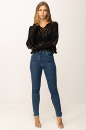 Khloefemme Maglia Crop Traforata a Maniche Lunghe ZS88069 NERO