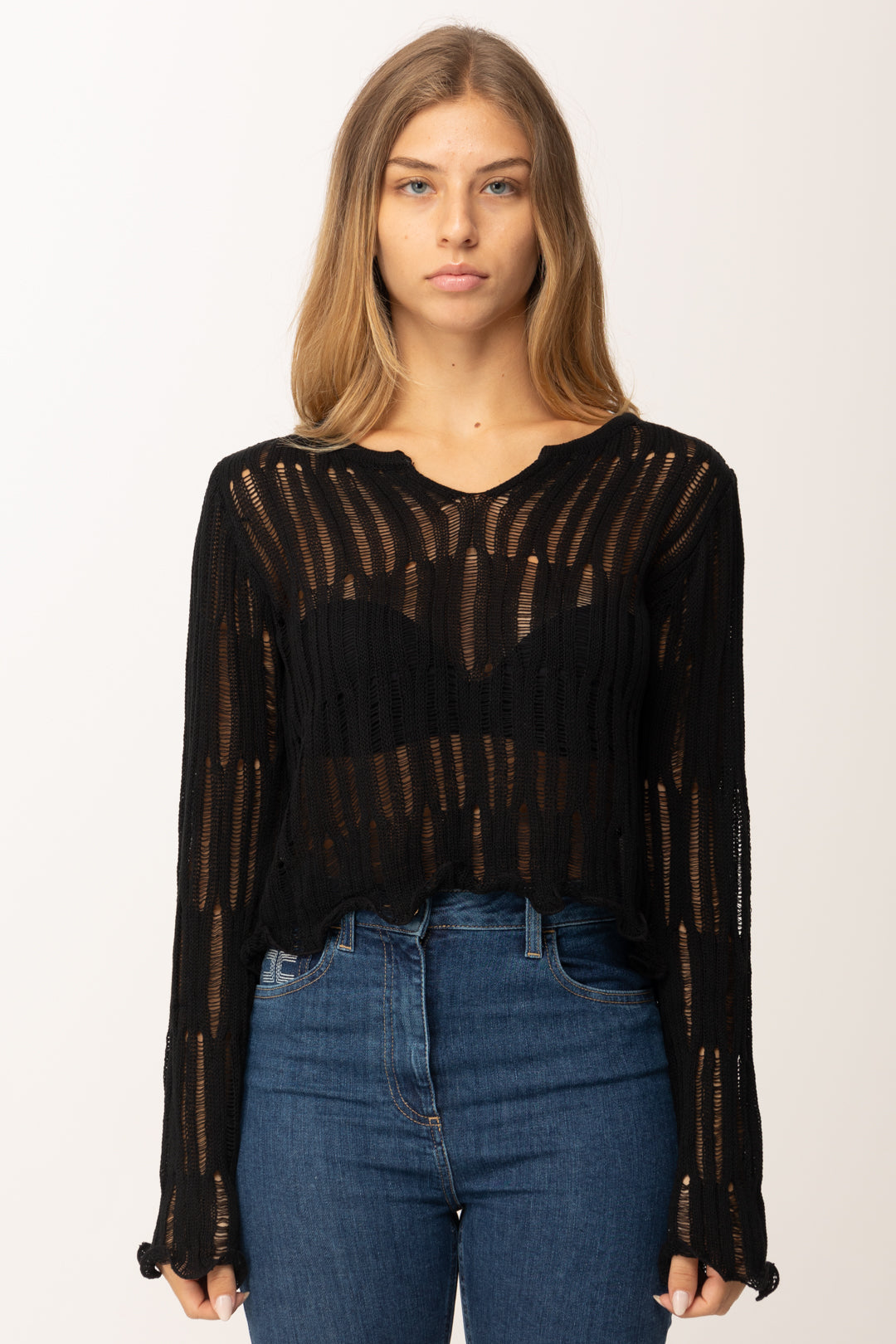 Khloefemme Maglia Crop Traforata a Maniche Lunghe ZS88069 NERO