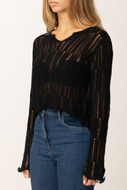 Khloefemme Maglia Crop Traforata a Maniche Lunghe ZS88069 NERO