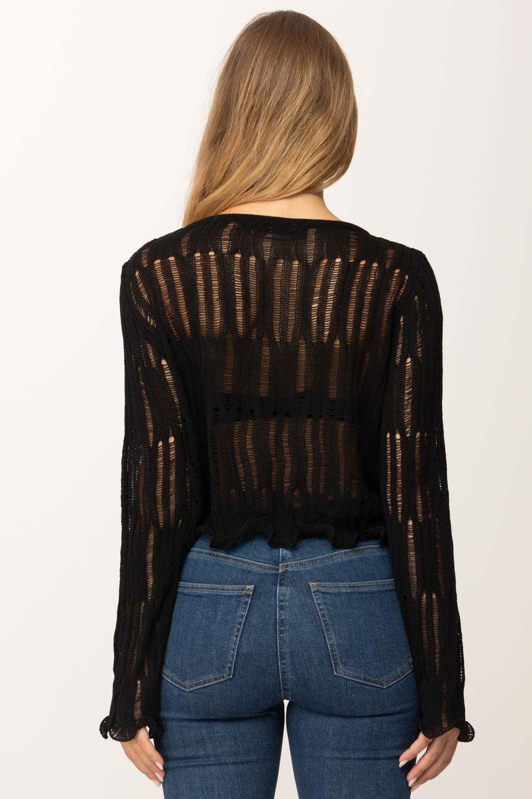 Khloefemme Maglia Crop Traforata a Maniche Lunghe ZS88069 NERO