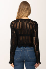 Khloefemme Maglia Crop Traforata a Maniche Lunghe ZS88069 NERO