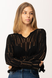 Khloefemme Maglia Crop Traforata a Maniche Lunghe ZS88069 NERO