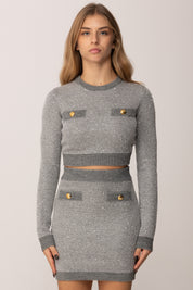 Elisabetta Franchi Maglia Crop con Paillettes e Bottoni Gold GRIGIO MELANGE MK56T57E2