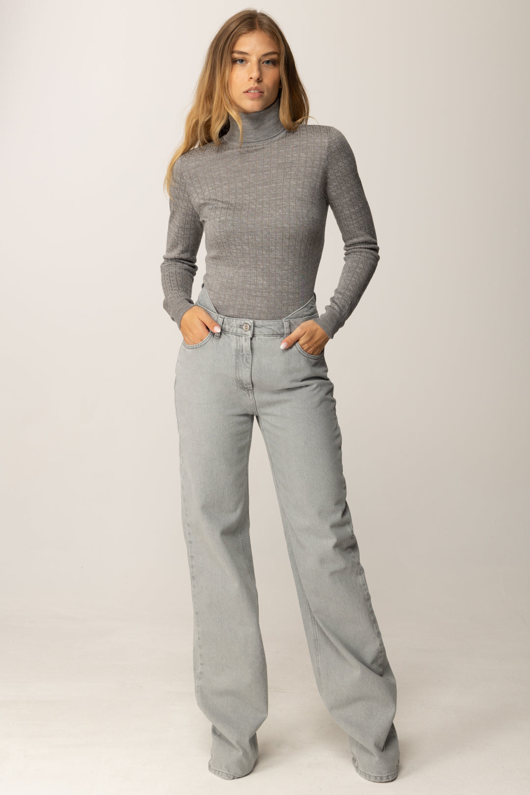 Elisabetta Franchi Maglia Dolcevita In Lana con Pattern Logo MK23S56E2 GRIGIO MELANGE