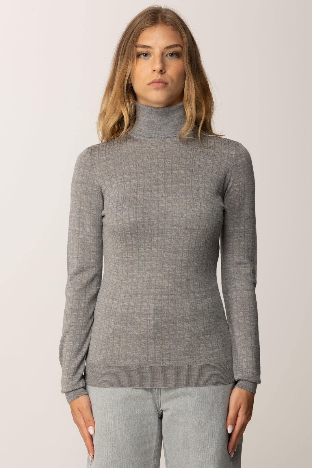 Elisabetta Franchi Maglia Dolcevita In Lana con Pattern Logo MK23S56E2 GRIGIO MELANGE