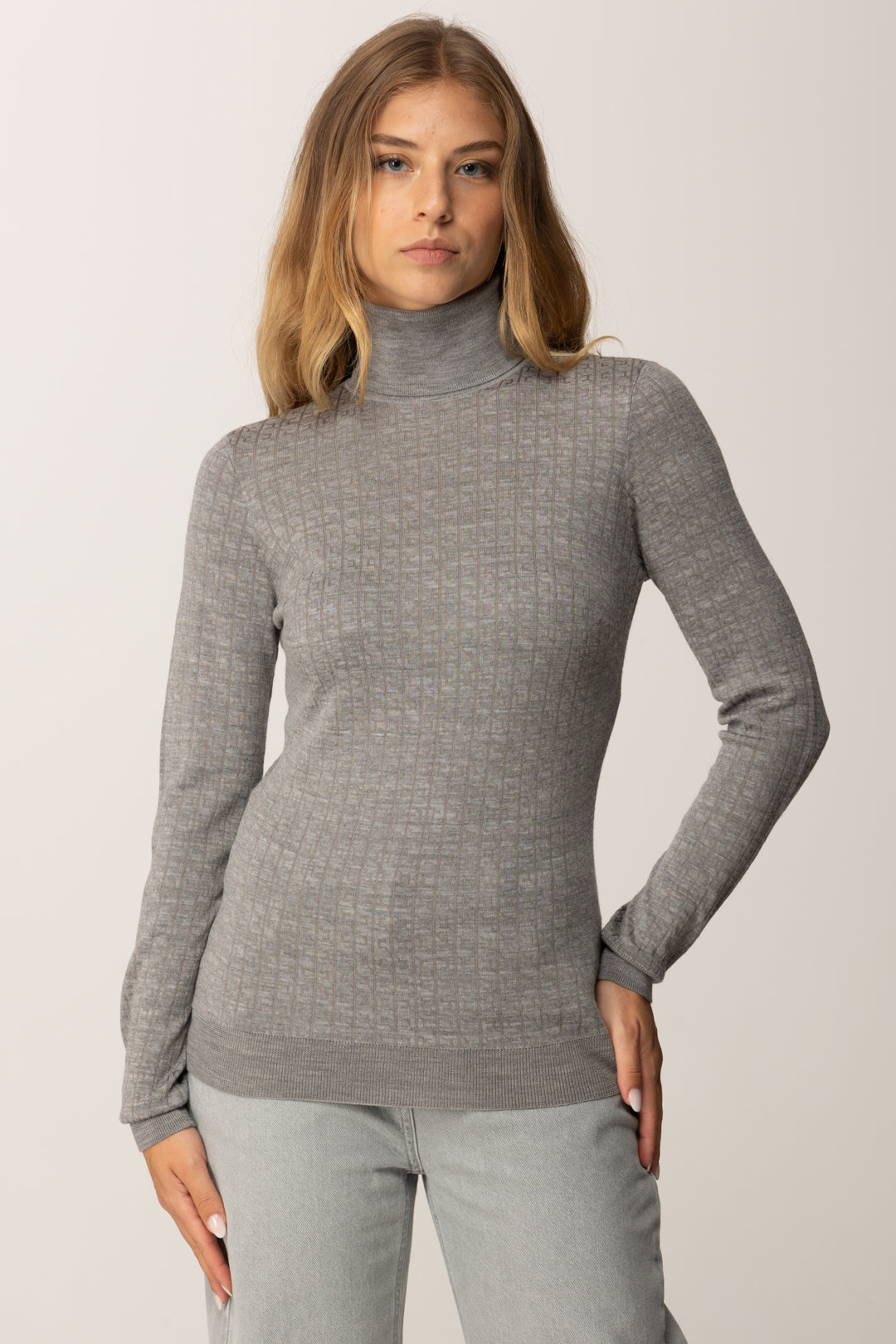 Elisabetta Franchi Maglia Dolcevita In Lana con Pattern Logo MK23S56E2 GRIGIO MELANGE