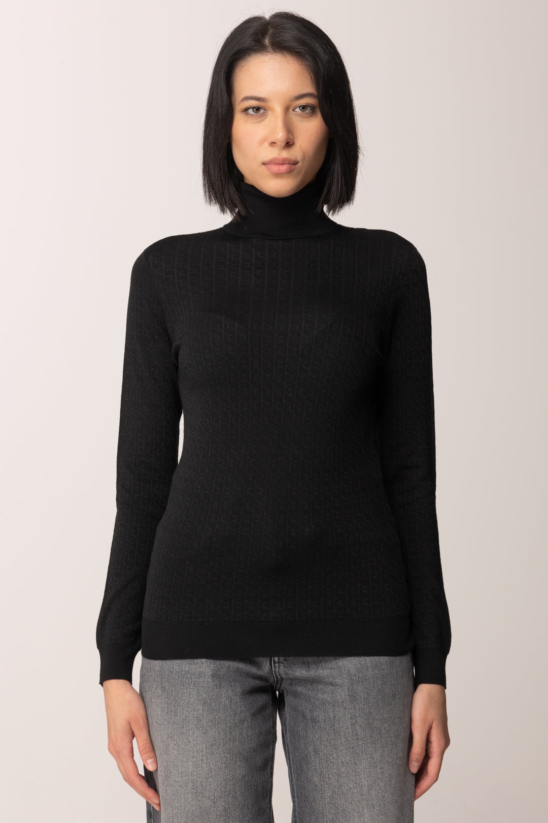 Elisabetta Franchi Maglia Dolcevita In Lana con Pattern Logo MK23S56E2 NERO