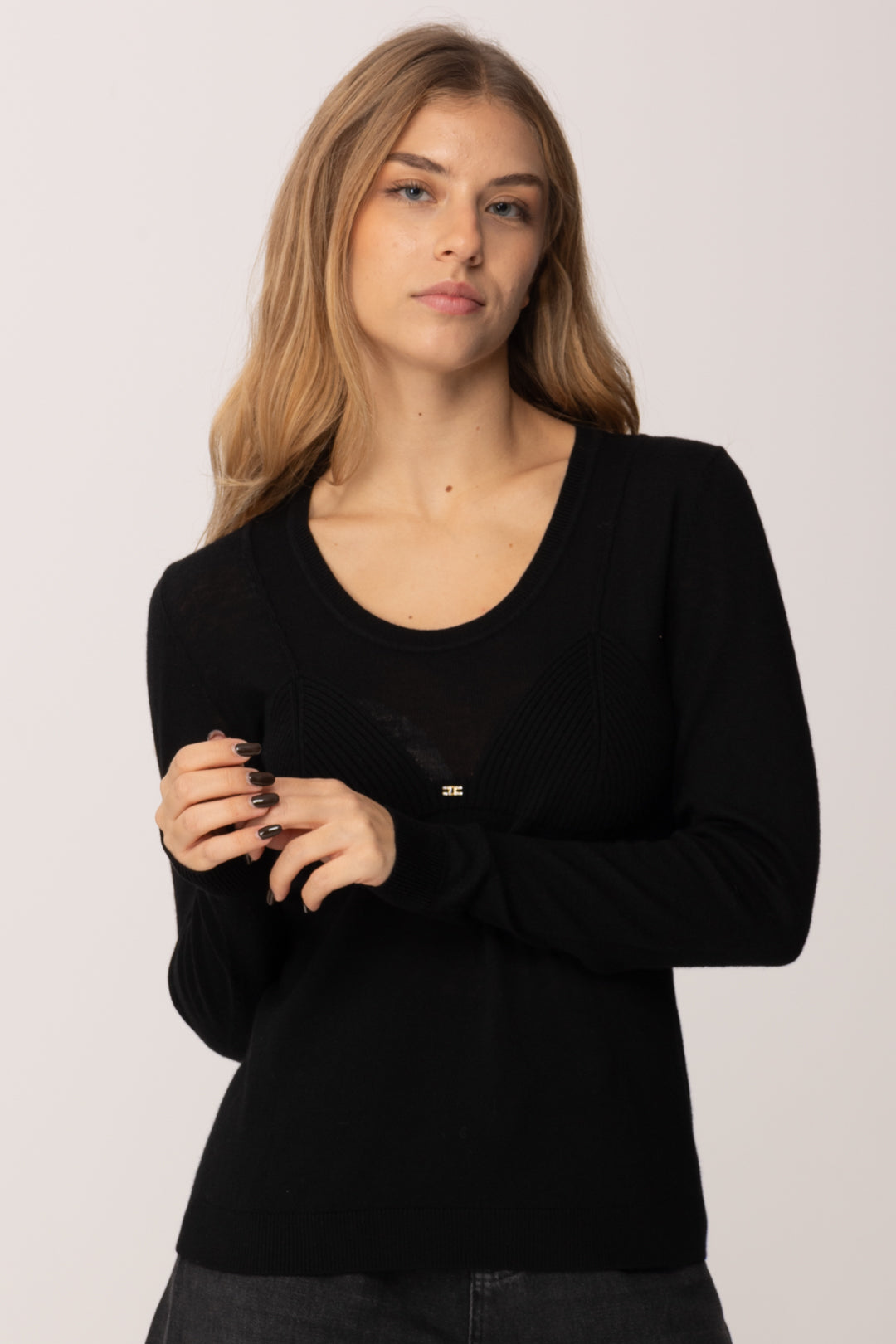 Elisabetta Franchi Maglia Girocollo con Inserto a Costine MK35S57E2 NERO