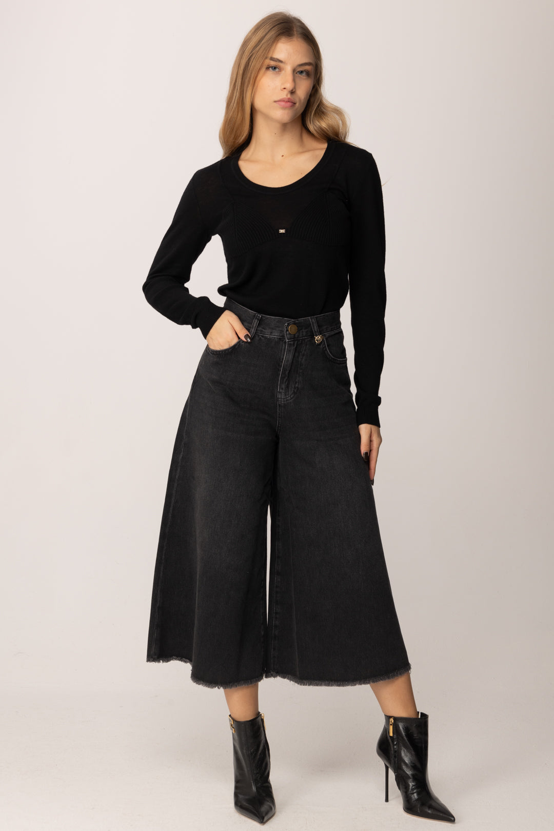 Elisabetta Franchi Maglia Girocollo con Inserto a Costine MK35S57E2 NERO