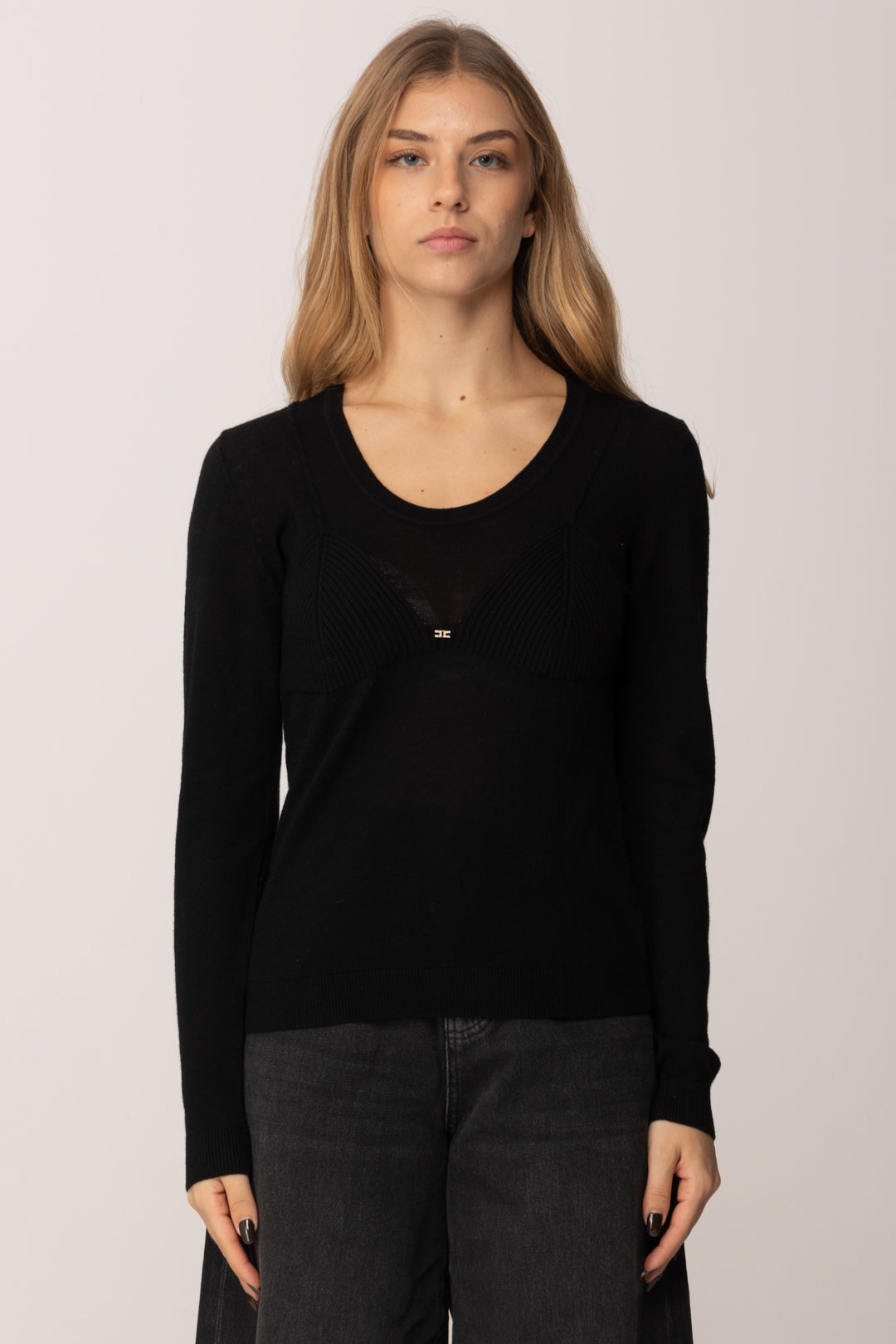 Elisabetta Franchi Maglia Girocollo con Inserto a Costine MK35S57E2 NERO