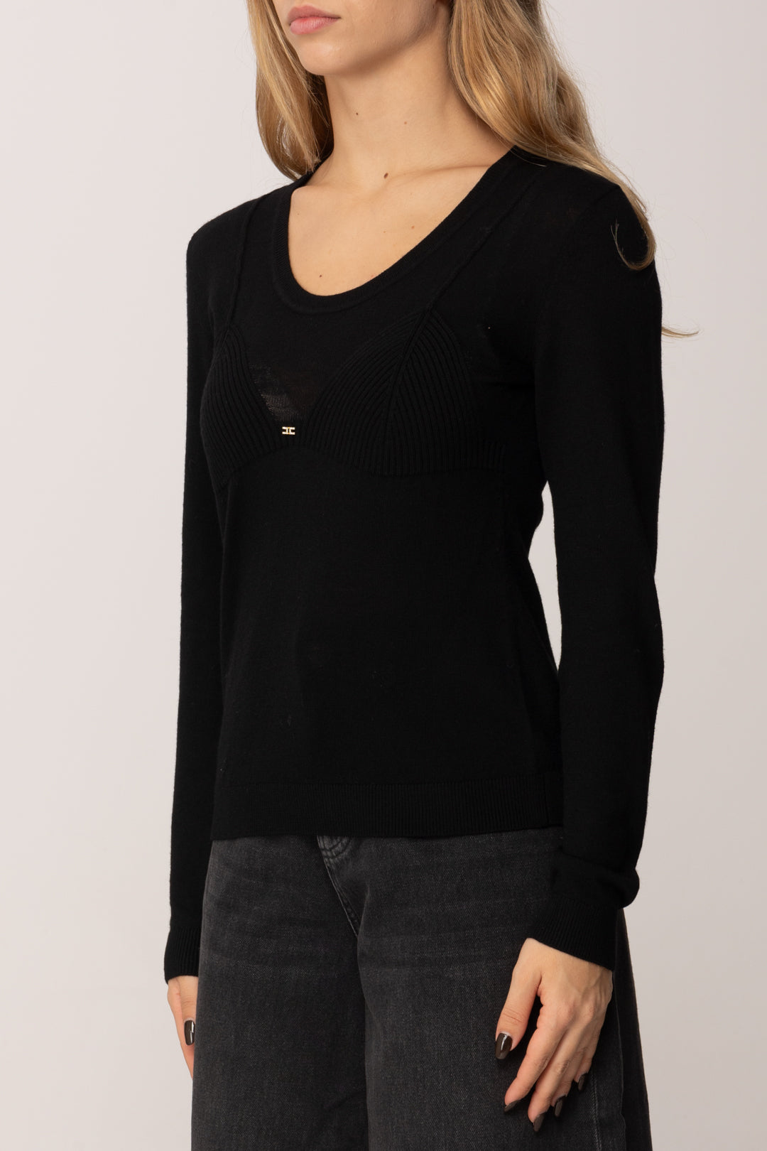 Elisabetta Franchi Maglia Girocollo con Inserto a Costine MK35S57E2 NERO