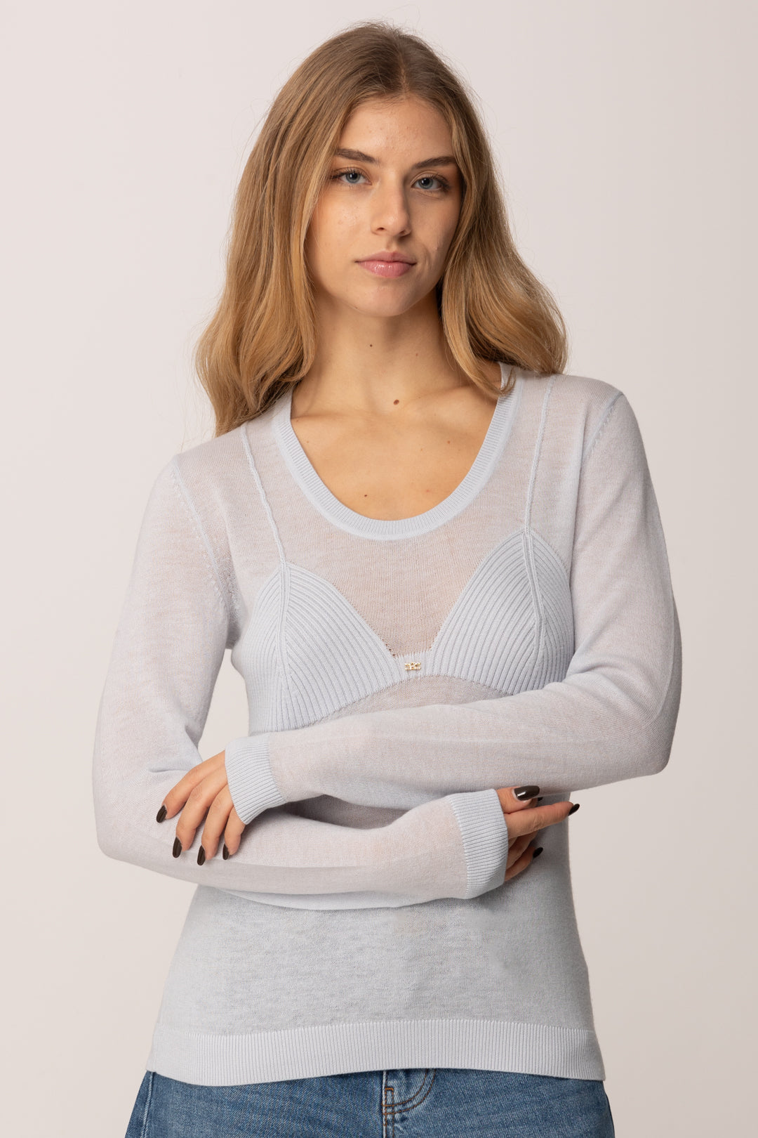 Elisabetta Franchi Maglia Girocollo con Inserto a Costine MK35S57E2 STARLIGHT