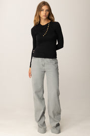 Elisabetta Franchi Maglia In Cupro con Bottoni Dorati e Oblò Sul Retro MD00356E2 NERO