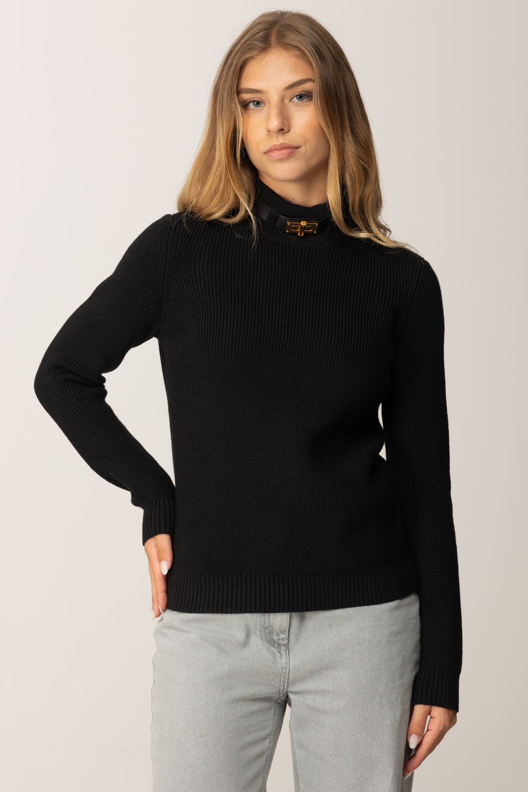 Elisabetta Franchi Maglia In Misto Lana con Colletto Cinturino Gioiello MK05S56E2 NERO