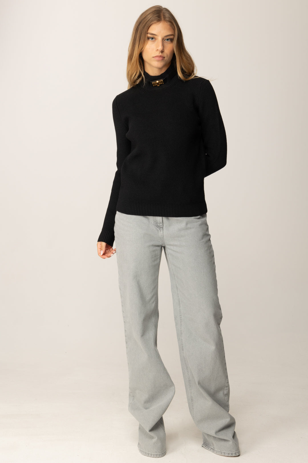 Elisabetta Franchi Maglia In Misto Lana con Colletto Cinturino Gioiello MK05S56E2 NERO