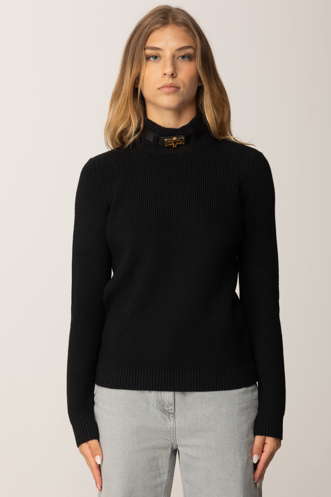 Elisabetta Franchi Maglia In Misto Lana con Colletto Cinturino Gioiello MK05S56E2 NERO