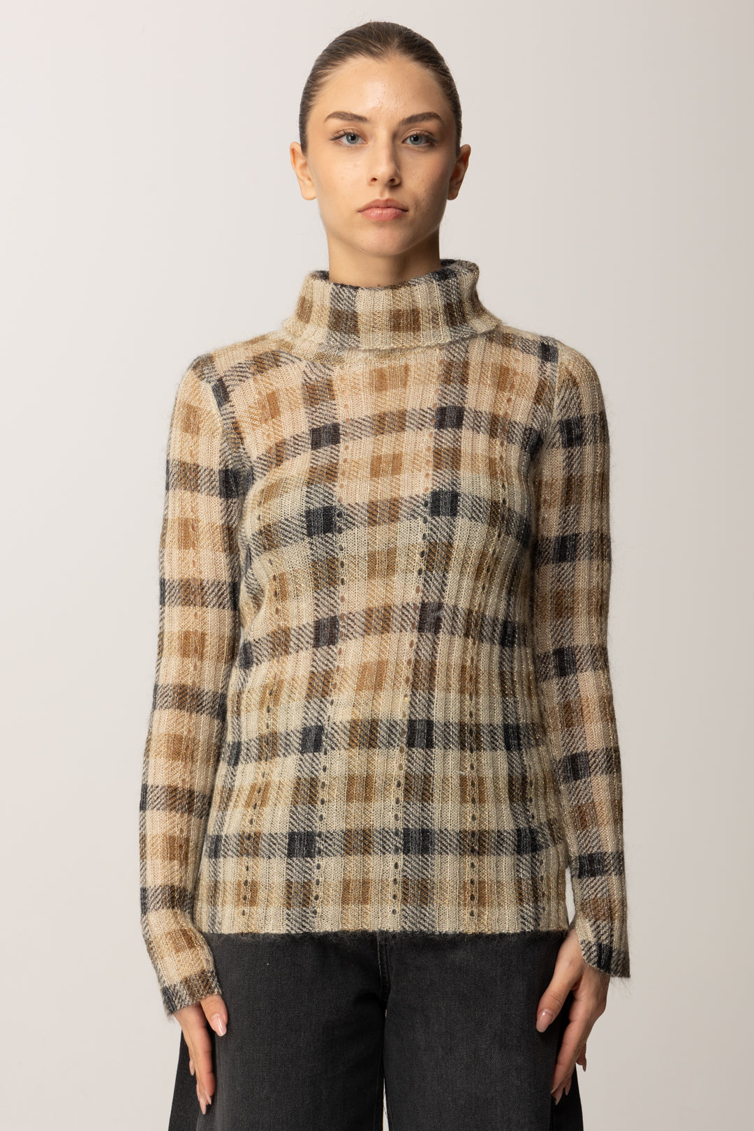 Twin-set Maglia In Misto Mohair con Stampa 252TT3490 ST.CHECK CAMMELLO/NERO