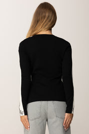 Elisabetta Franchi Maglia In Viscosa con Bande Lucide e Dettagli Logo MK03S56E2 NERO/MILK
