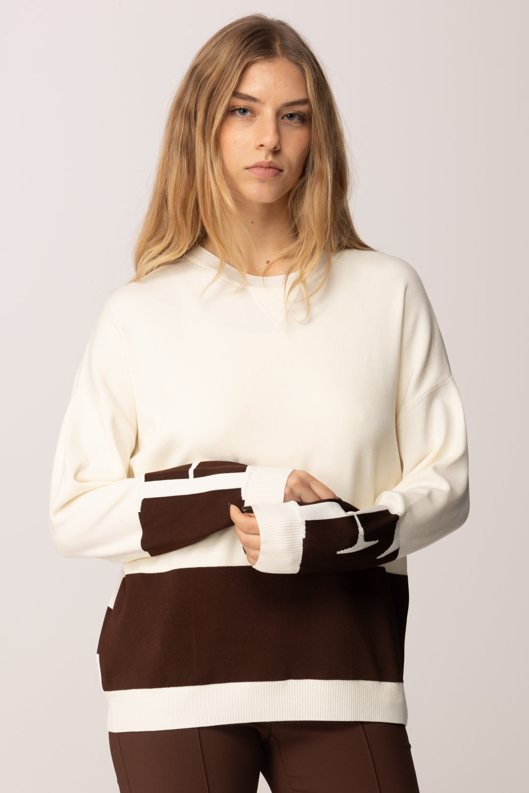Elisabetta Franchi Maglia In Viscosa con Bande a Contrasto MK01S56E2 MILK/COFFEE
