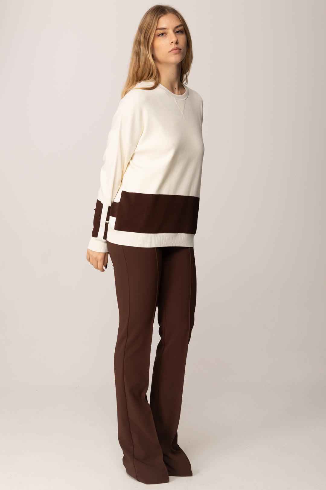 Elisabetta Franchi Maglia In Viscosa con Bande a Contrasto MK01S56E2 MILK/COFFEE