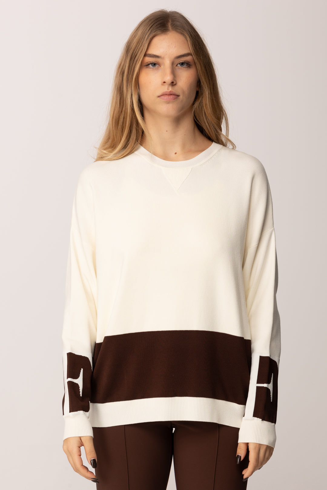 Elisabetta Franchi Maglia In Viscosa con Bande a Contrasto MK01S56E2 MILK/COFFEE