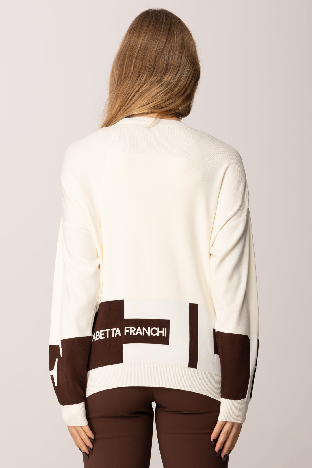 Elisabetta Franchi Maglia In Viscosa con Bande a Contrasto MK01S56E2 MILK/COFFEE