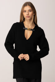Elisabetta Franchi Maglia Over In Misto Lana con Cinturino Gioiello MK06S56E2 NERO