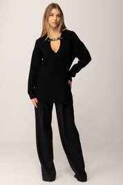 Elisabetta Franchi Maglia Over In Misto Lana con Cinturino Gioiello MK06S56E2 NERO