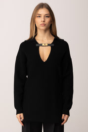 Elisabetta Franchi Maglia Over In Misto Lana con Cinturino Gioiello MK06S56E2 NERO
