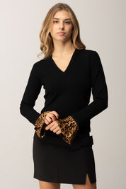 Twin-set Maglia Scollo a V e Inserti Animalier 252TP3154 NERO/ST.ANIMALIER COFFEE/LAND