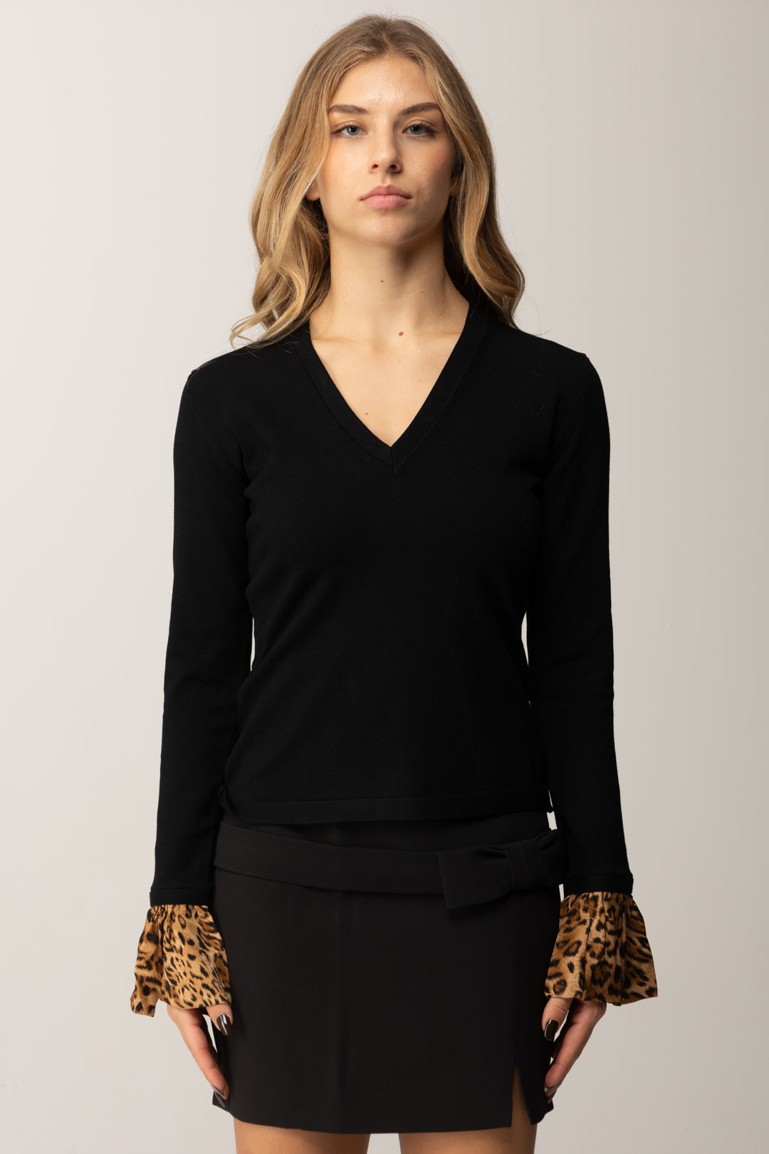 Twin-set Maglia Scollo a V e Inserti Animalier 252TP3154 NERO/ST.ANIMALIER COFFEE/LAND