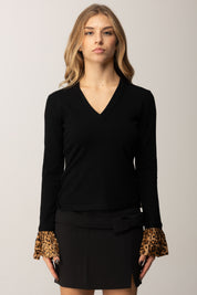 Twin-set Maglia Scollo a V e Inserti Animalier 252TP3154 NERO/ST.ANIMALIER COFFEE/LAND