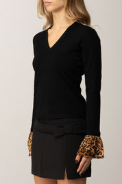 Twin-set Maglia Scollo a V e Inserti Animalier 252TP3154 NERO/ST.ANIMALIER COFFEE/LAND