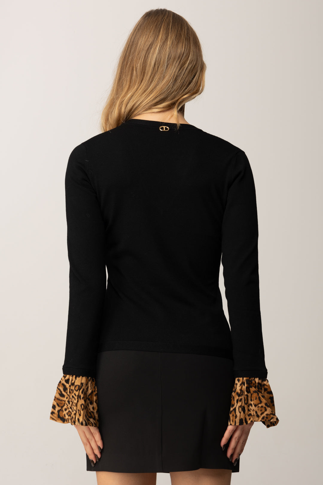 Twin-set Maglia Scollo a V e Inserti Animalier 252TP3154 NERO/ST.ANIMALIER COFFEE/LAND